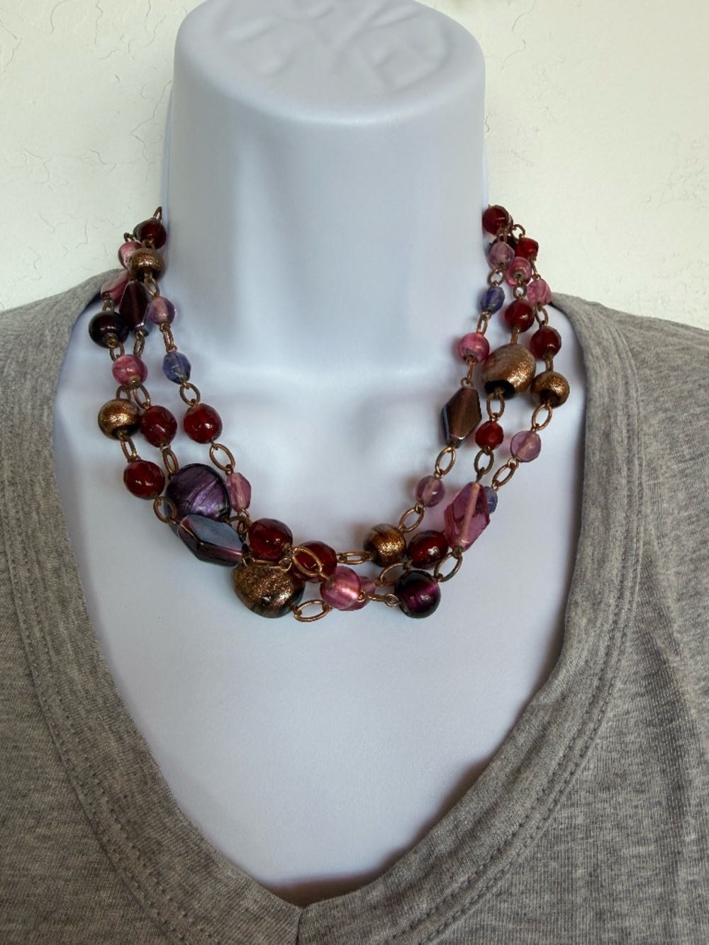 Triple Strand Glass Bead Necklace Y2K 90's Vintage